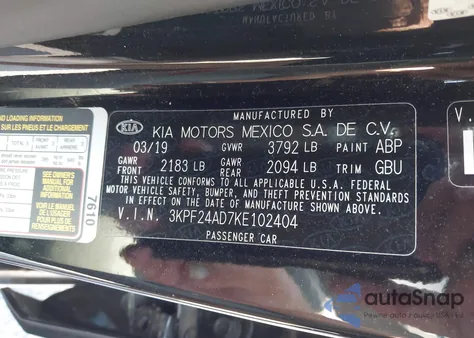 2019 Kia Forte Lxs from USA, damaged, VIN 3KPF24AD7KE102404